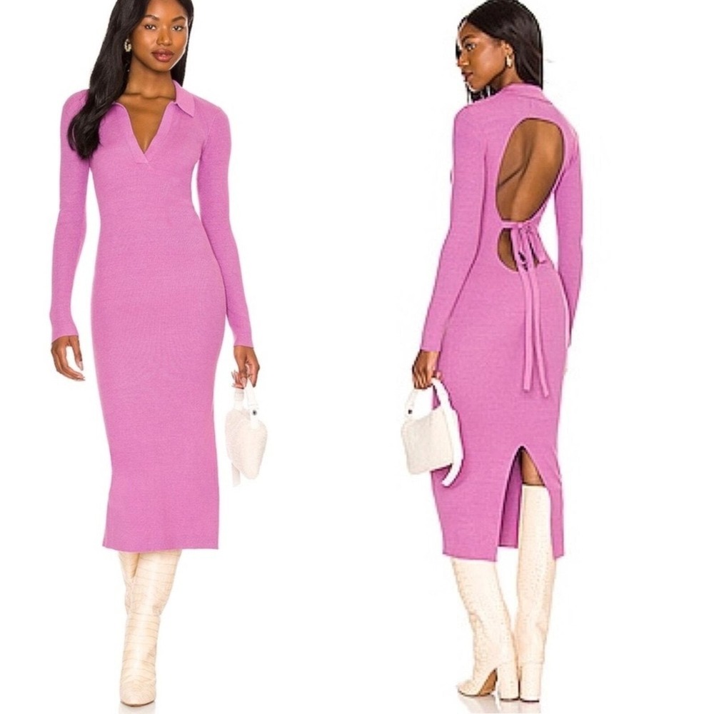 Le Superbe A Vert Ribbed Knit Open Back Tie Midi Dress XS Purple‎ Melange